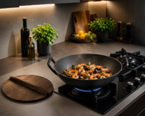 Wok fontă cu capac din lemn 36 cm