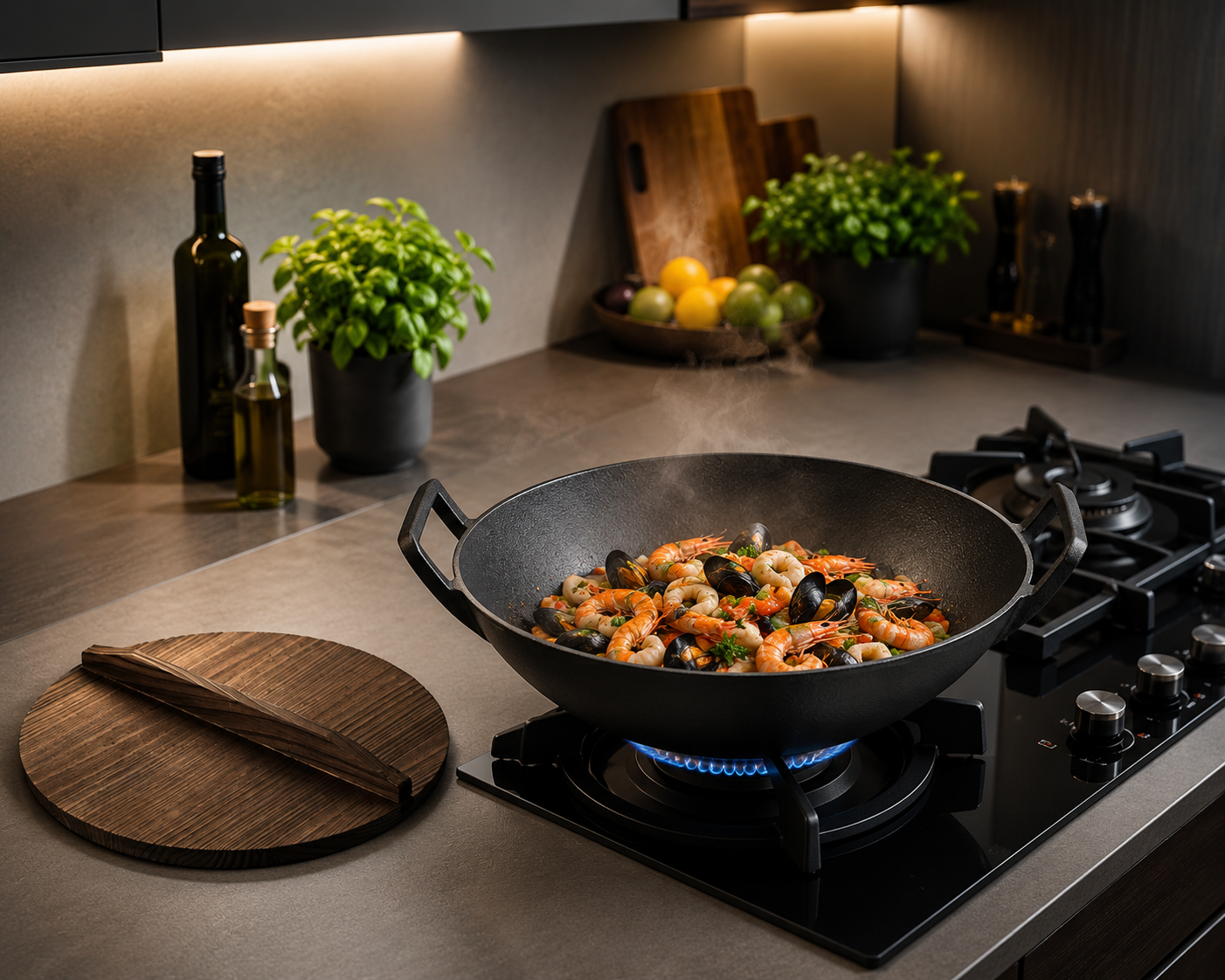 Wok fontă cu capac din lemn 36 cm